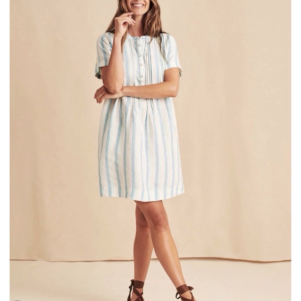 Faherty Gemina Linen White & Blue Striped Short-Sleeve Dress Sz Large 100% Linen